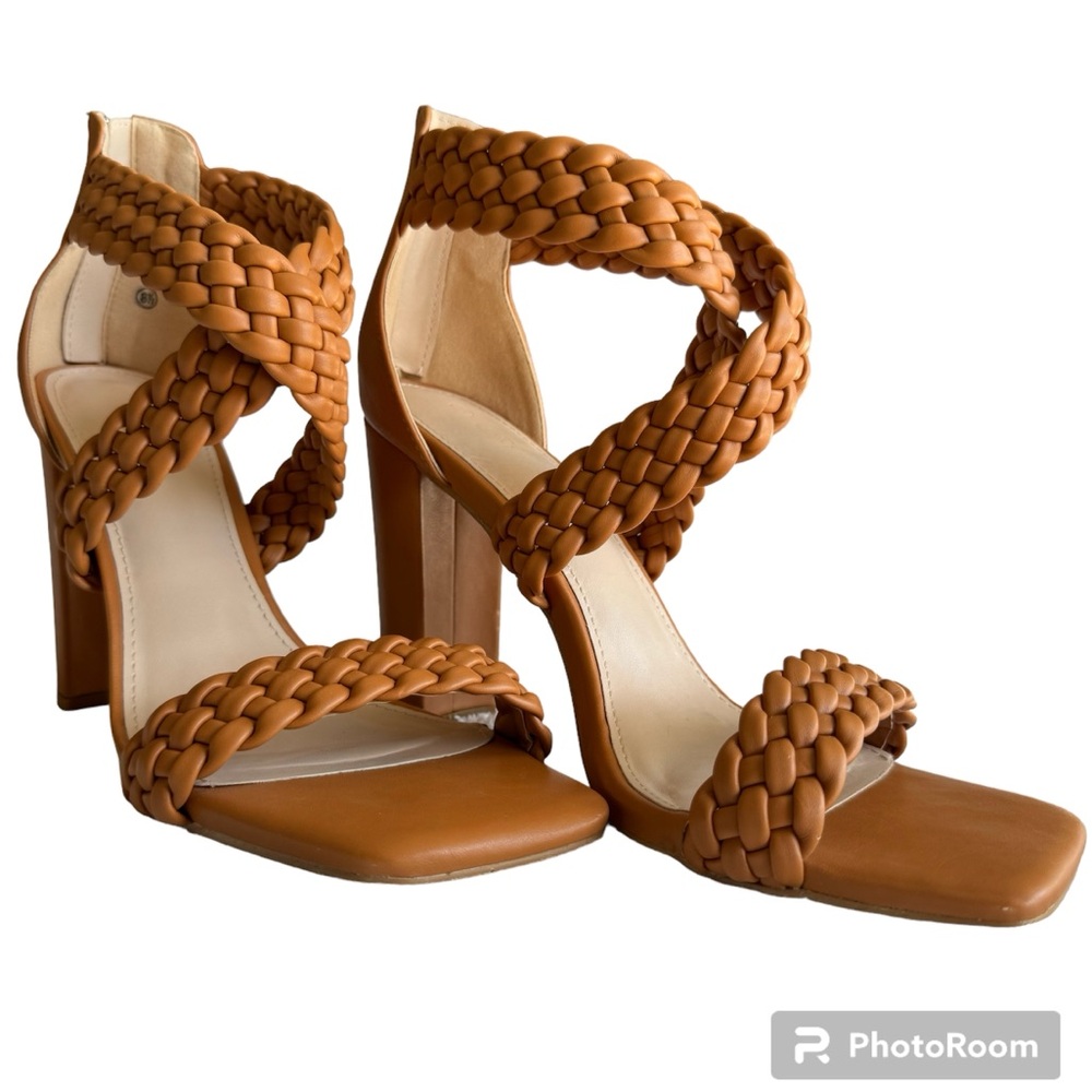 Ermonn Square Toe Braided Strappy 4 inch Chunky Heels Pumps 8.5 EUC Block Heel